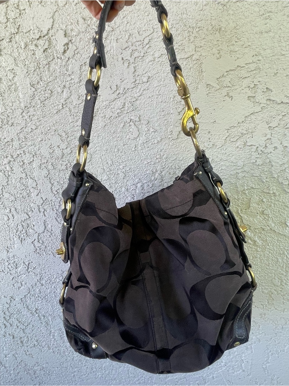 Coach Charcoal & Black Signature Hobo with Gold Hardware